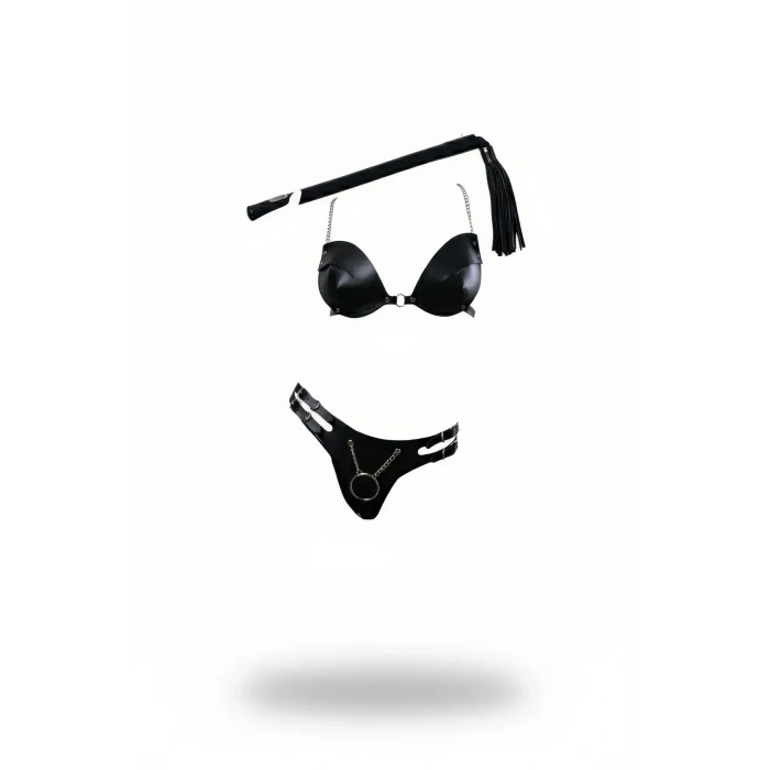 Siyah Harness Takım Deri Büstiyer Zincir Detaylı - Brf1353