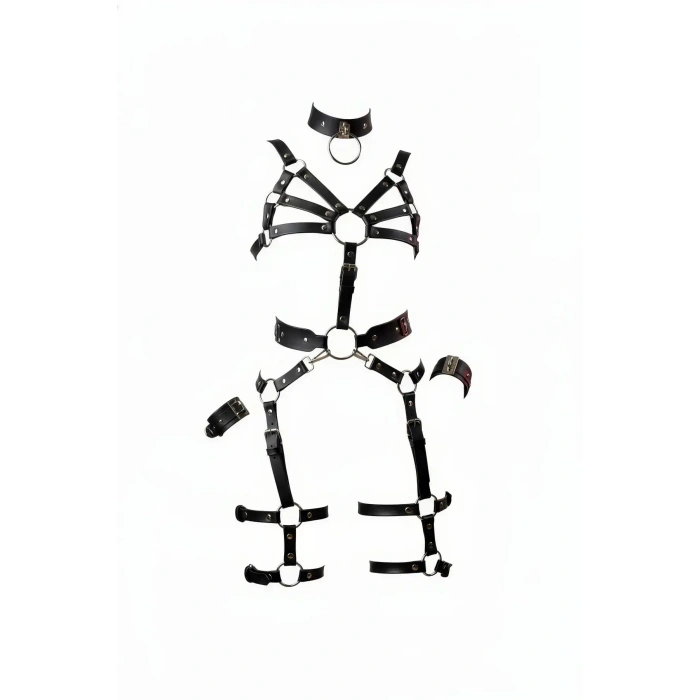 Siyah Harness Takım Deri Halka Detaylı Vücut Seti - Brf1267