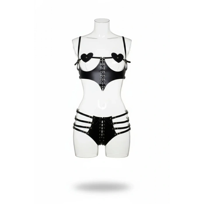 Siyah Harness Takım Deri Kalp Detaylı Bağcıklı - Brf1256
