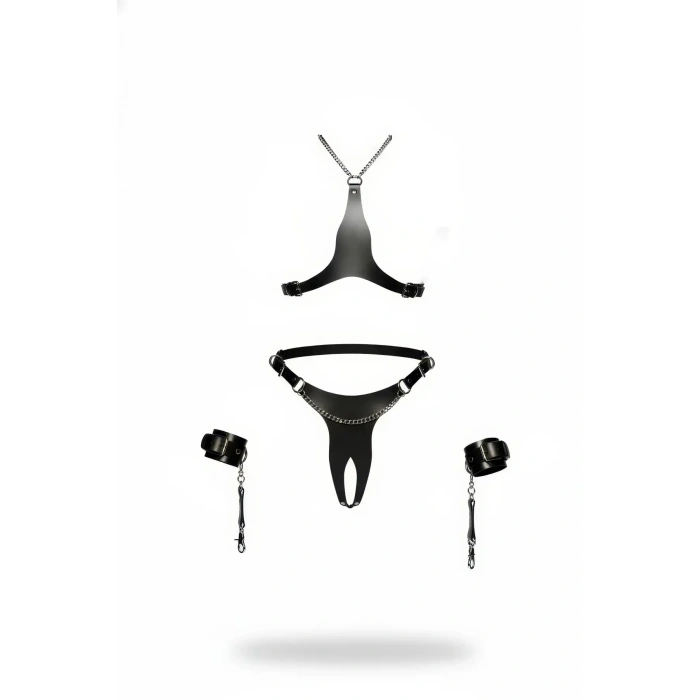Siyah Harness Takım Deri Zincir Detaylı 4 Parçalı - Brf1232