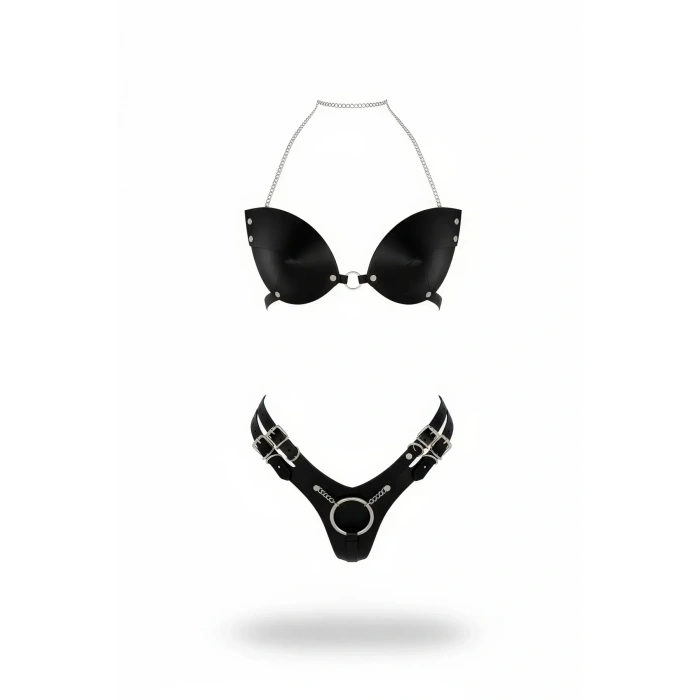 Siyah Harness Takım Suni Deri Zincir Detaylı Bralet - Brf1223
