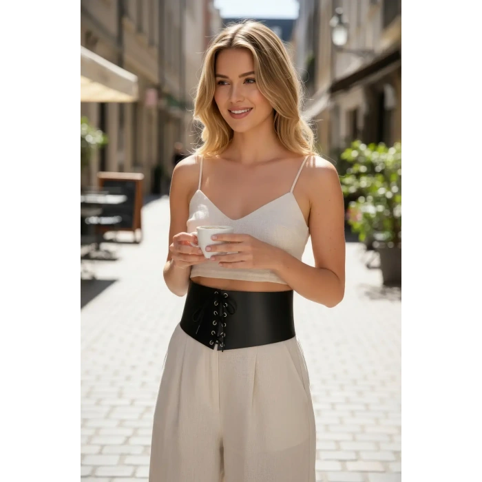Siyah Kadın Kemer Bağcıklı Kalın Korse Bel Aksesuarı - Brf1127