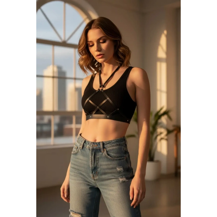 Siyah Kadın Kemer Çapraz Suni Deri Vücut Aksesuarı - Brf187