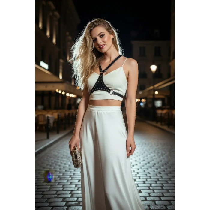 Siyah Kadın Kemer Çivili Deri Omuz Aksesuarı - Brf1279