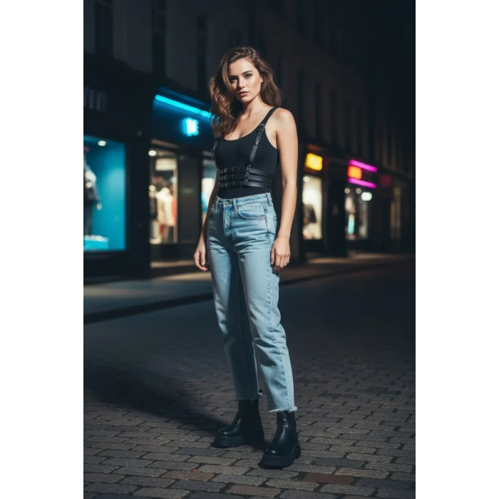 Siyah Kadın Kemer Çoklu Tokalı Vücut Aksesuarı - Brf178