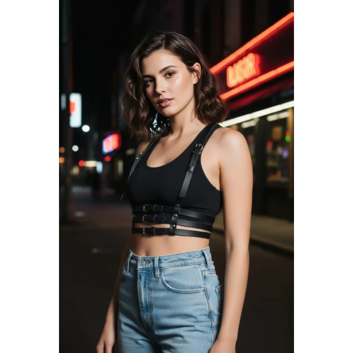 Siyah Kadın Kemer Çoklu Tokalı Vücut Aksesuarı - Brf178