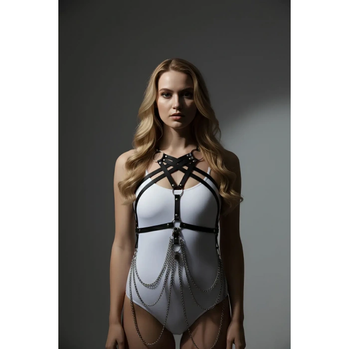 Siyah Kadın Kemer Deri Çapraz Göğüs Detaylı - Brf11