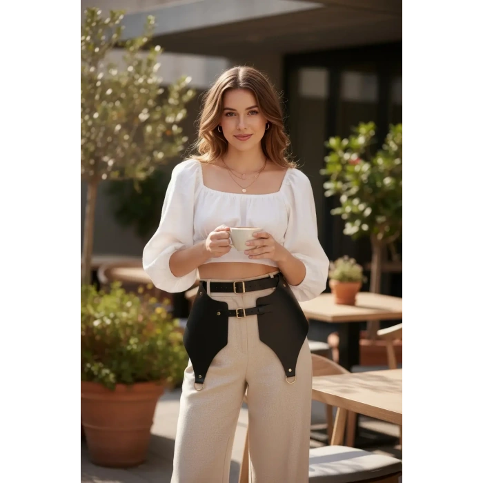 Siyah Kadın Kemer Geniş Panelli Çift Tokalı Bel Aksesuarı - Brf1119