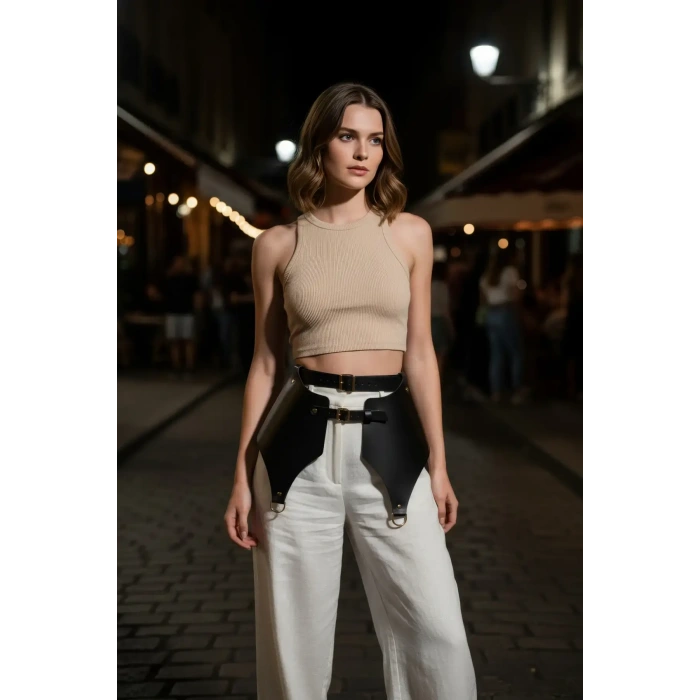 Siyah Kadın Kemer Geniş Panelli Çift Tokalı Bel Aksesuarı - Brf1119