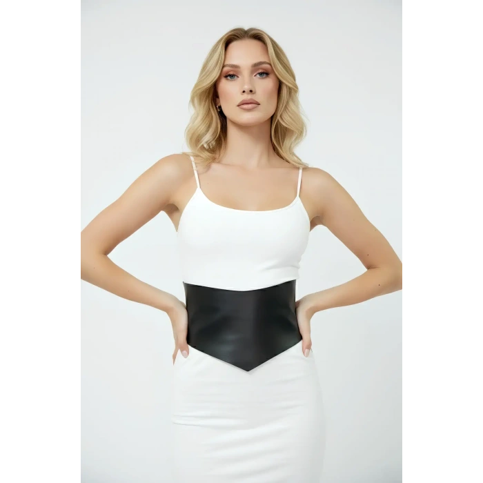 Siyah Kadın Kemer Geniş Suni Deri Korsaj Bel Kemeri - Brf1112