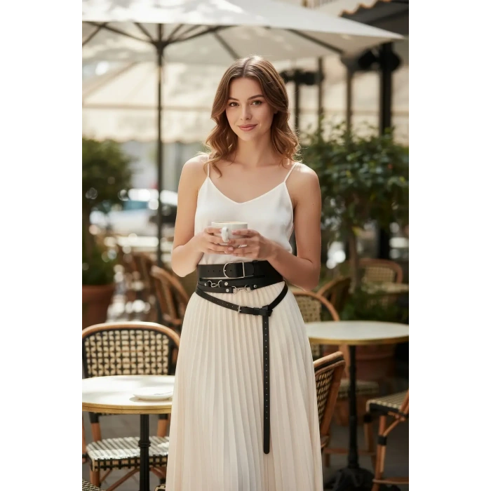 Siyah Kadın Kemer Kalın Ve İnce İkili Bel Aksesuarı - Brf1129