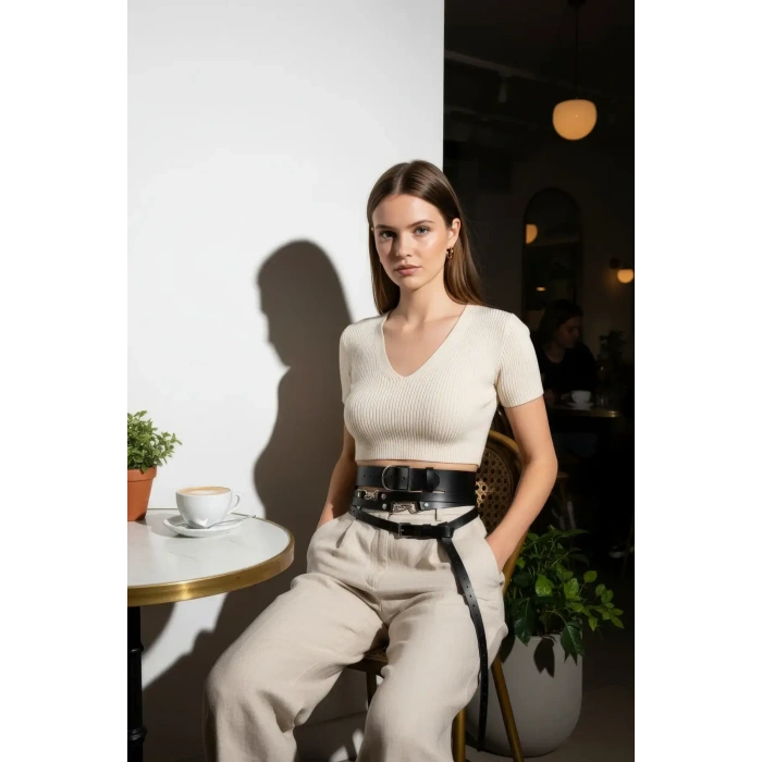 Siyah Kadın Kemer Kalın Ve İnce İkili Bel Aksesuarı - Brf1129