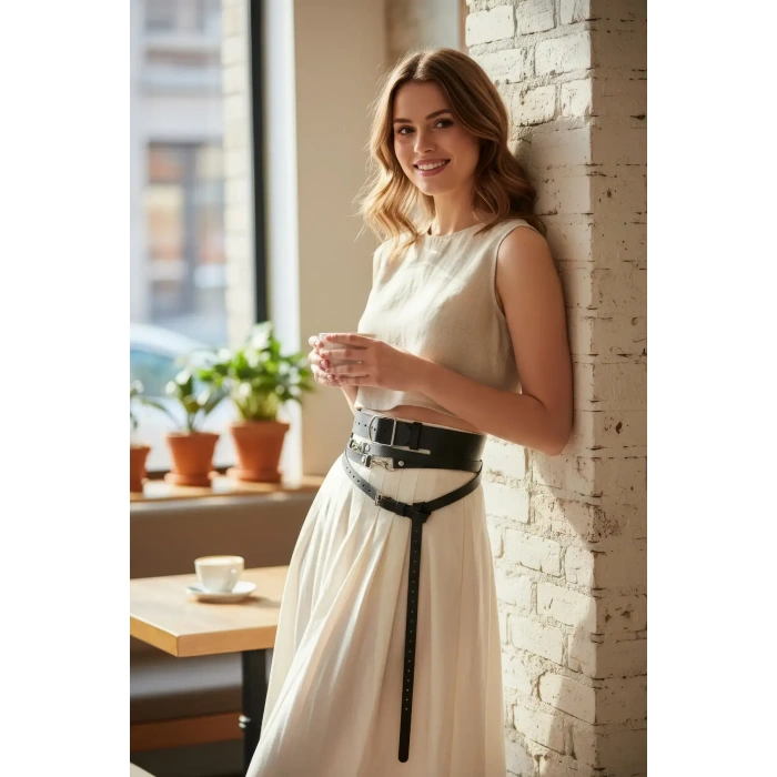 Siyah Kadın Kemer Kalın Ve İnce İkili Bel Aksesuarı - Brf1129