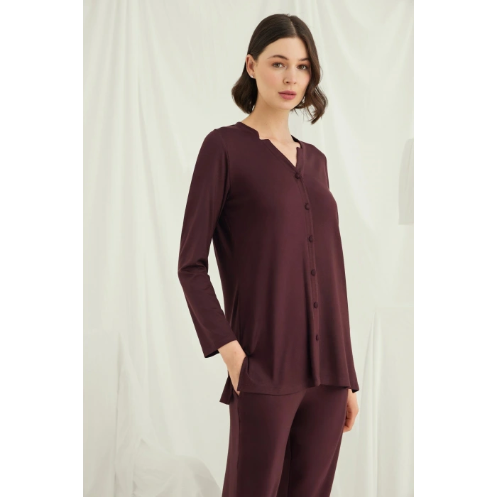 Uzun Kollu Boydan Düğmeli V Yaka Pijama Takımı