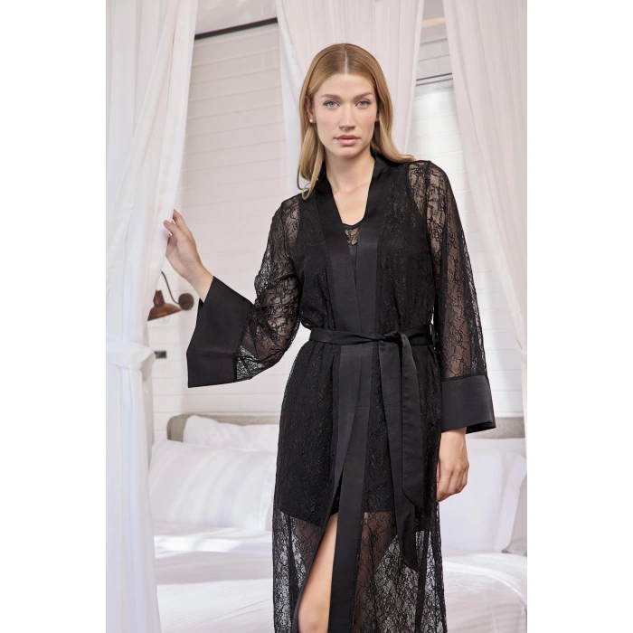 Uzun Kollu Dantelli Ve Kuşaklı Sabahlık