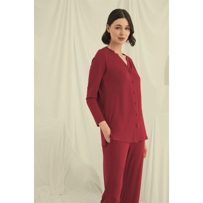 Uzun Kollu Düğmeli V Yaka Pijama Takımı