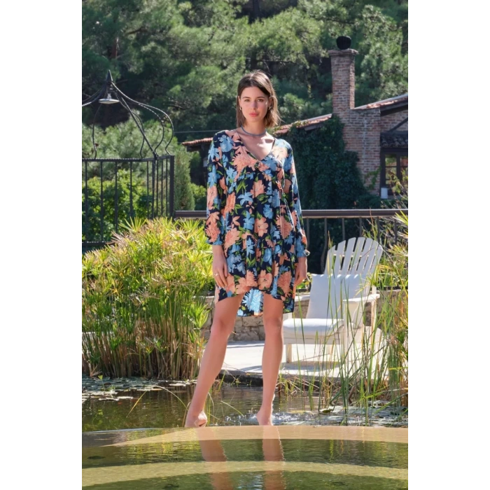 Viskon Çiçek Ve Yaprak Desenli Uzun Kollu Elbise