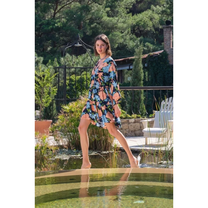 Viskon Çiçek Ve Yaprak Desenli Uzun Kollu Elbise