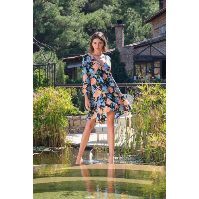 Viskon Çiçek Ve Yaprak Desenli Uzun Kollu Elbise