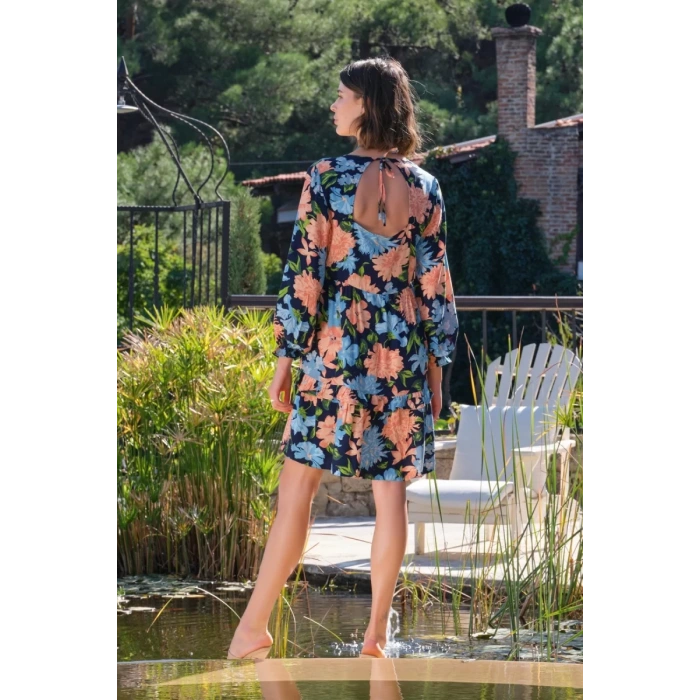 Viskon Çiçek Ve Yaprak Desenli Uzun Kollu Elbise