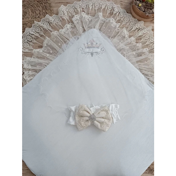 Yenidoğan Teri Cotton Taç Nakışlı Prizma Taş Kundak Bebek Battaniyesi Krem