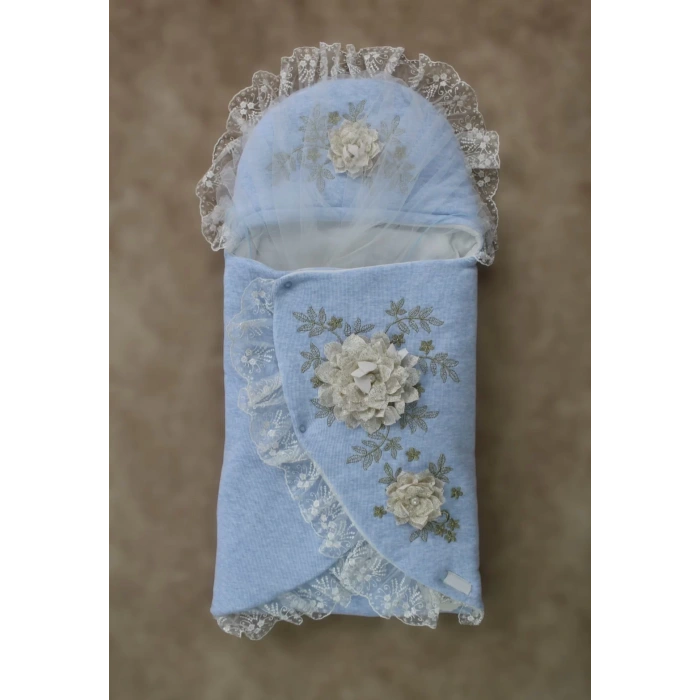 Yenidoğan Üç Gül Bahçesi Erkek Kundak Bebek Battaniyesi Mavi