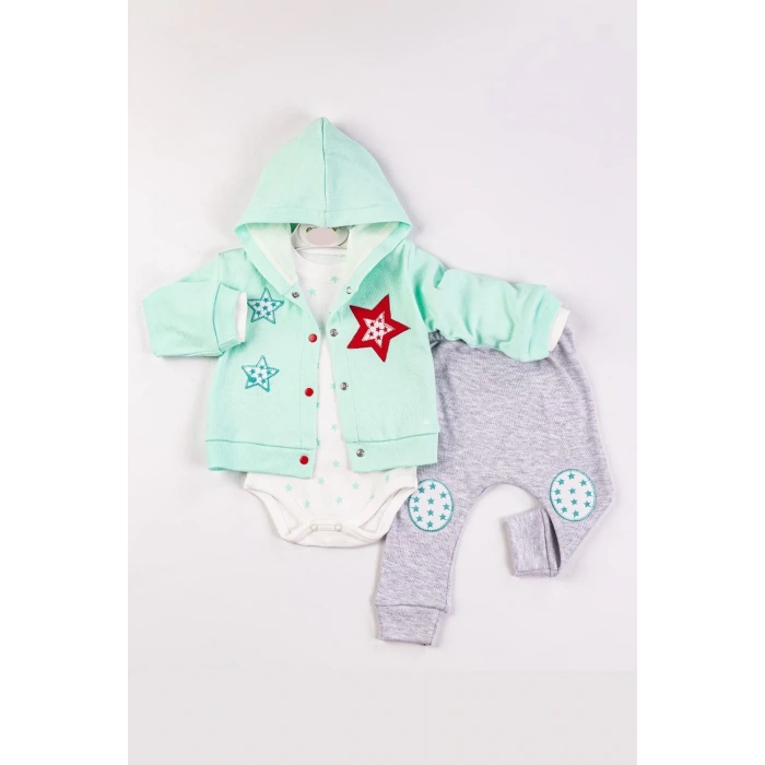Yıldız Nakışlı Kapişonlu Kız Bebek Takımı