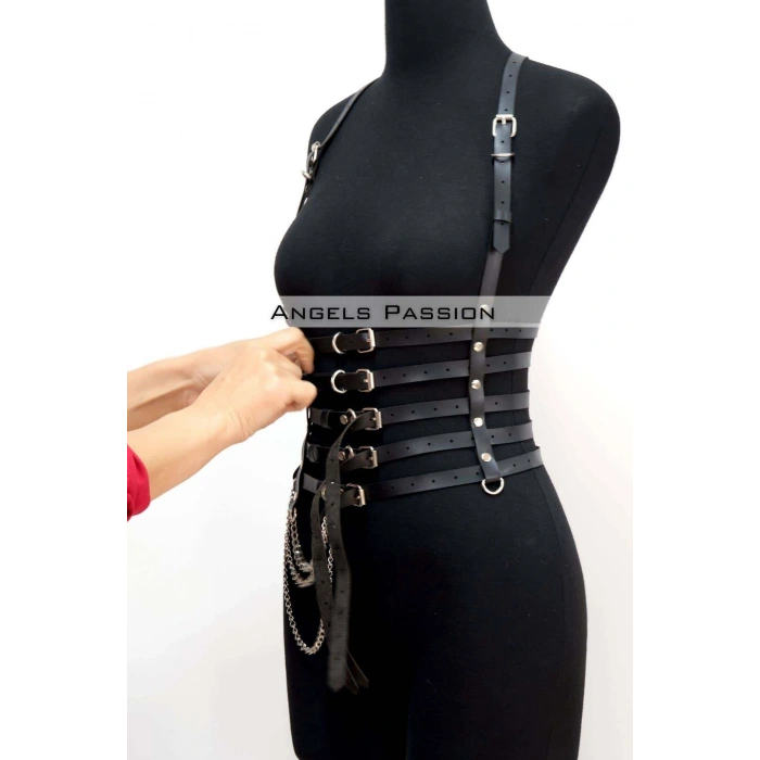 Zincir Detaylı 5 Sıralı Deri Kemer, Deri Korse Kemer - Brf626