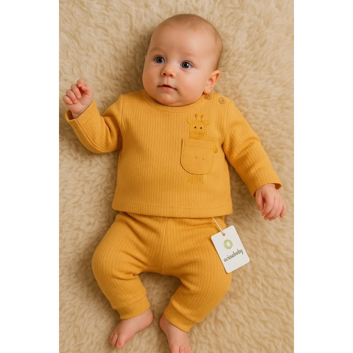 Zürafa Cep Nakışlı Omuzdan Düğmeli % 100 Pamuk Erkek Bebek Takım