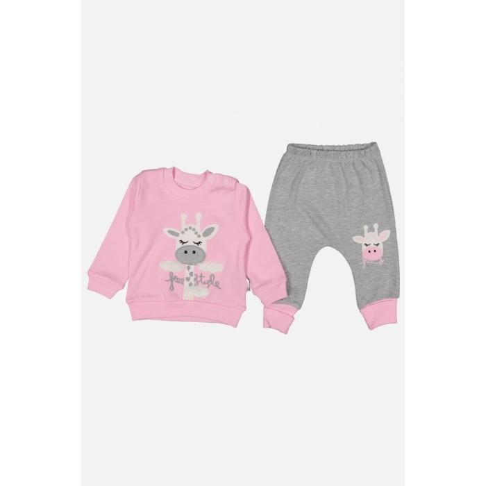 Zürafa Nakışlı % 100 Pamuk Kız Bebek Takımı