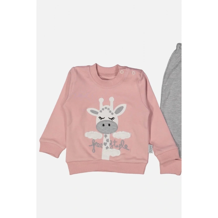 Zürafa Nakışlı % 100 Pamuk Kız Bebek Takımı