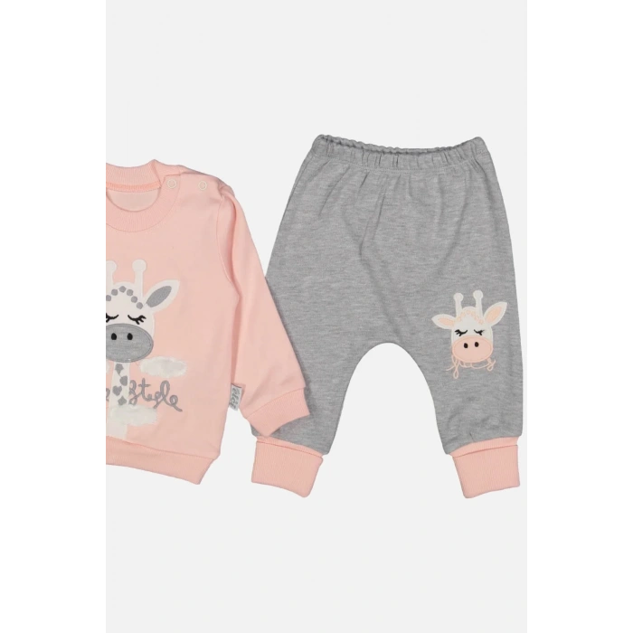 Zürafa Nakışlı % 100 Pamuk Kız Bebek Takımı