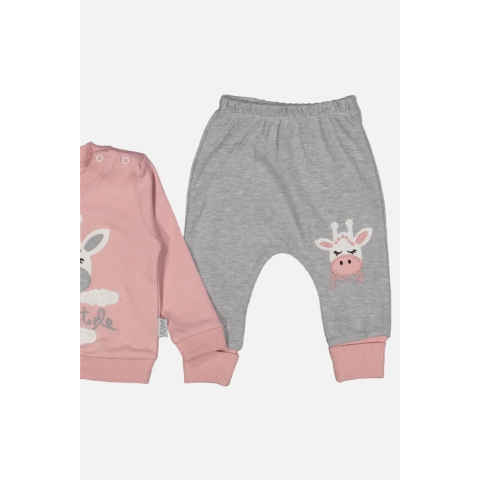 Zürafa Nakışlı % 100 Pamuk Kız Bebek Takımı