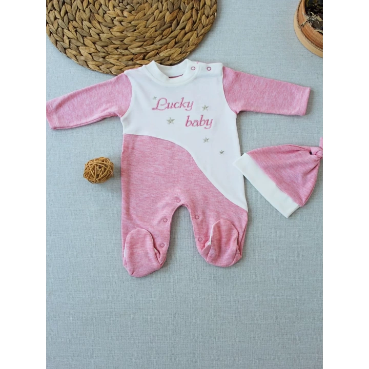 0-3 3-6 Ay Lucky Baby Nakışlı Es Çizgi Boy Şapkalı Kız Bebek Tulumu Pembe