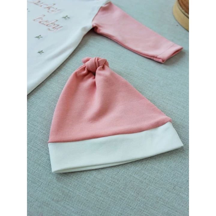 0-3 3-6 Ay Lucky Baby Nakışlı Es Çizgi Boy Şapkalı Kız Bebek Tulumu Pudra