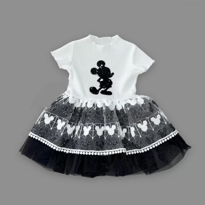 1-2-3 Yaş Payetli Mickey Baskılı Brode Etekli Kız Bebek Elbisesi Siyah