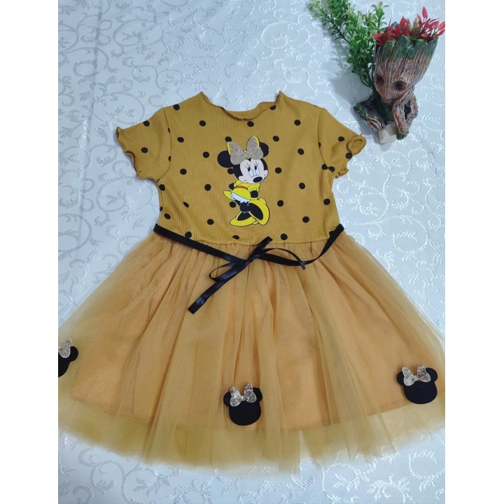 2-3-4 Yaş Puantiyeli Mickey Baskılı Kurdela Kuşaklı Astarlı Kız Bebek Tütü Elbisesi Hardal