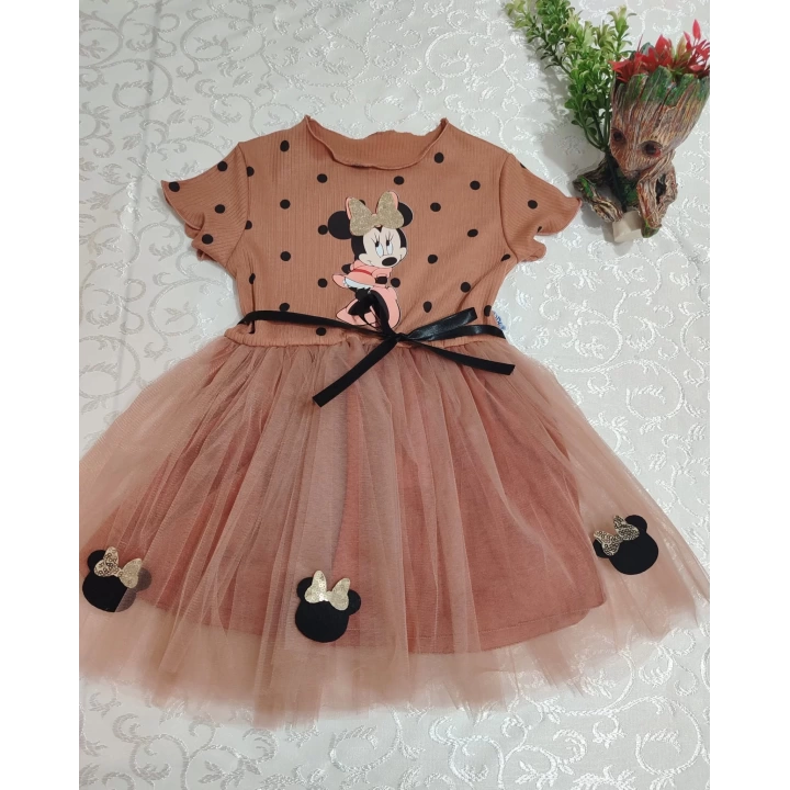 2-3-4 Yaş Puantiyeli Mickey Baskılı Kurdela Kuşaklı Astarlı Kız Bebek Tütü Elbisesi Kahverengi