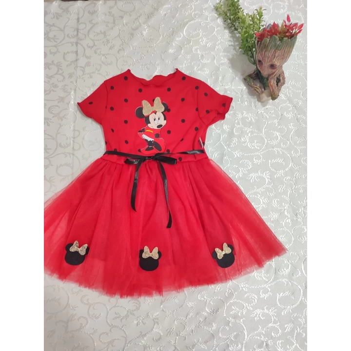 2-3-4 Yaş Puantiyeli Mickey Baskılı Kurdela Kuşaklı Astarlı Kız Bebek Tütü Elbisesi Kırmızı