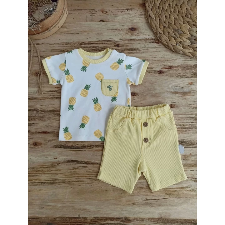 3-6 6-9 9-12 Ay Ananas Baskılı Şort Tişört 2 Li Kız Erkek Bebek Takımı Sarı