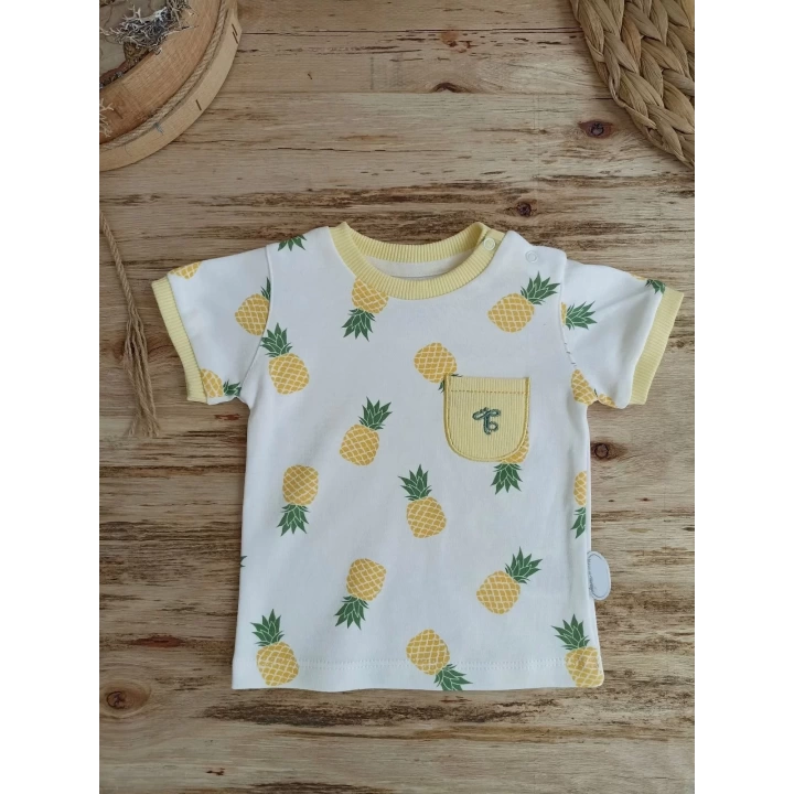 3-6 6-9 9-12 Ay Ananas Baskılı Şort Tişört 2 Li Kız Erkek Bebek Takımı Sarı