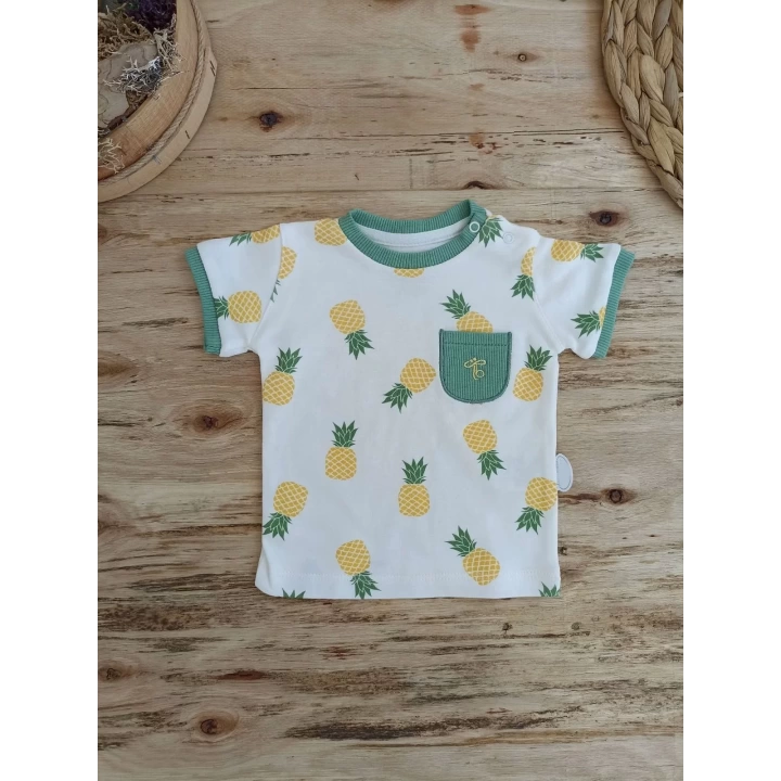 3-6 6-9 9-12 Ay Ananas Baskılı Şort Tişört 2 Li Kız Erkek Bebek Takımı Yeşil