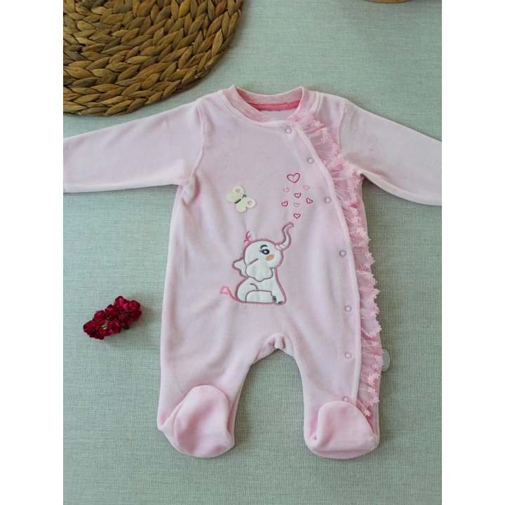 3-6 6-9 9-12 Ay Romantik Fil Nakışlı Pembe Süslü Kız Bebek Tulumu Pembe
