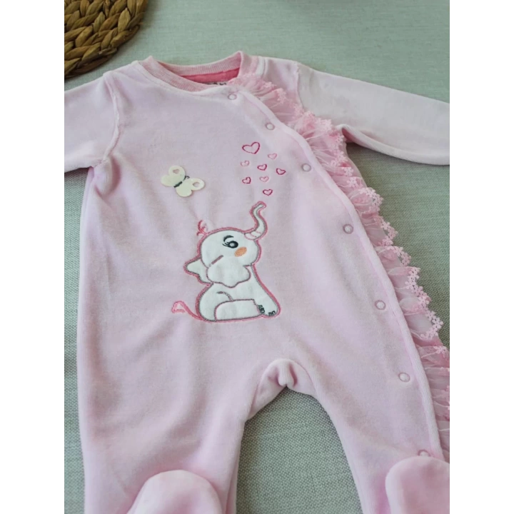 3-6 6-9 9-12 Ay Romantik Fil Nakışlı Pembe Süslü Kız Bebek Tulumu Pembe