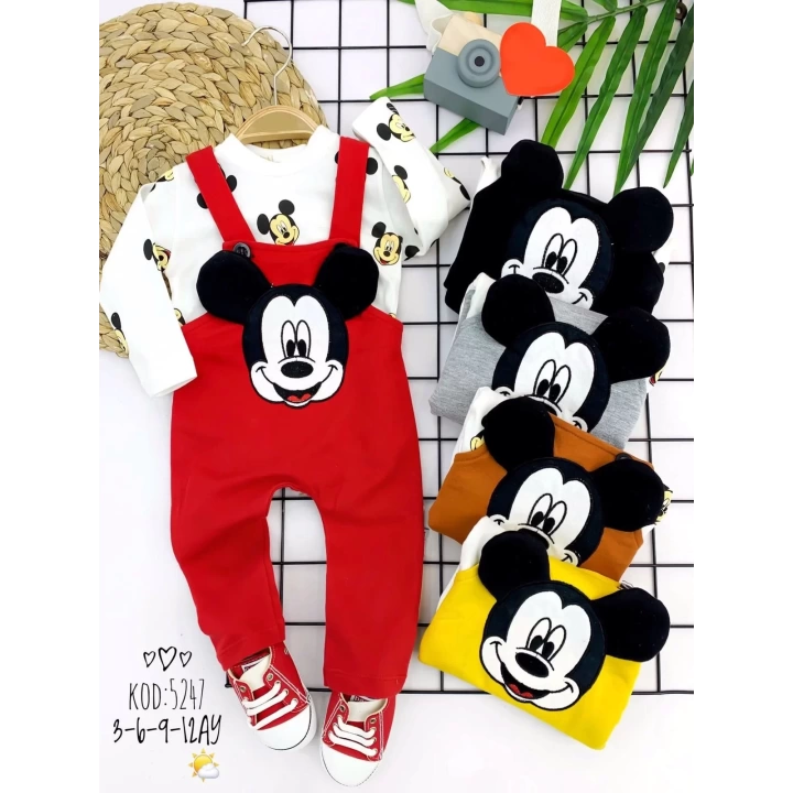 3-6-9-12 Ay Mickey Figürlü Uzun Kollu Baskılı Sweatli 2li Kız Erkek Bebek Salopet Takımı Kırmızı