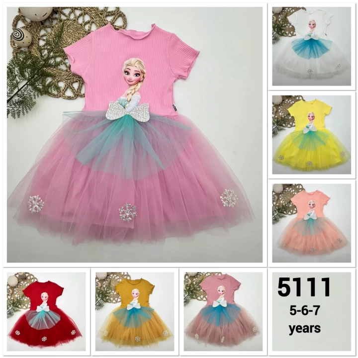5-6-7 Yaş Elsa Desenli Fiyonklu Tül Etekli Astarlı Kısa Kollu Kız Çocuk Tütü Elbise Gül Kurusu