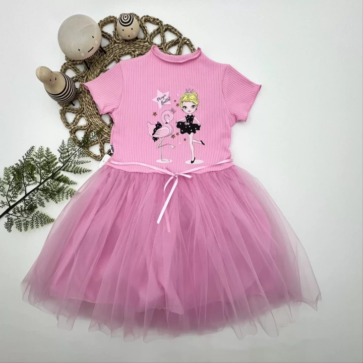 5-6-7 Yaş Flamingo Balerin Kız Baskılı Kurdela Kuşaklı Astarlı Kız Çocuk Tütü Elbise Pembe