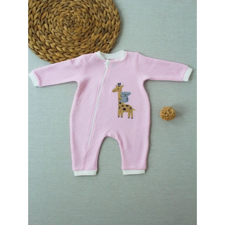 6-9 12-18 18-24 24-36 Ay Animal Nakışlı Bal Peteği Kumaş Es Fermuarlı Kız Bebek Tulumu Pembe