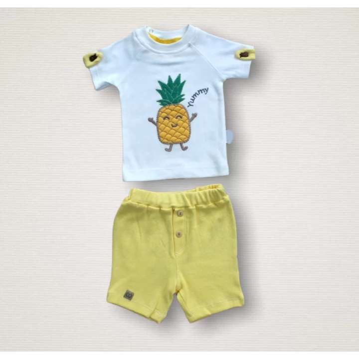 6-9 9-12 12-18 Ay Ananas Nakışlı Kısa Kollu Sweatli Şortlu 2li Kız-erkek Bebek Takımı Sarı