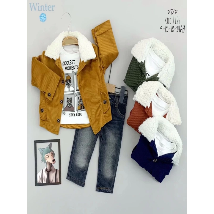 9-12-18-24 Ay Düğme Kapamalı Yakalı Ceket Uzun Kollu Sweatli Kot Pantolonlu 3lü Erkek Bebek Takımı Lacivert